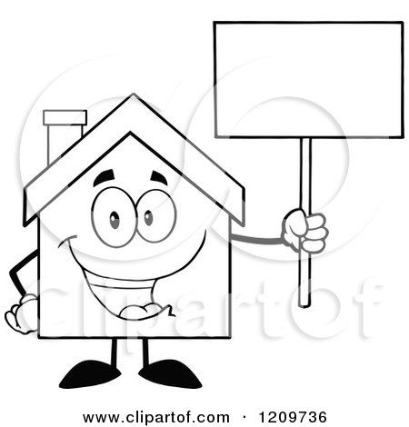 Cartoon of a Black and White Happy Home Mascot Holding up a Sign - Royalty Free Vector Clipart by Hit Toon