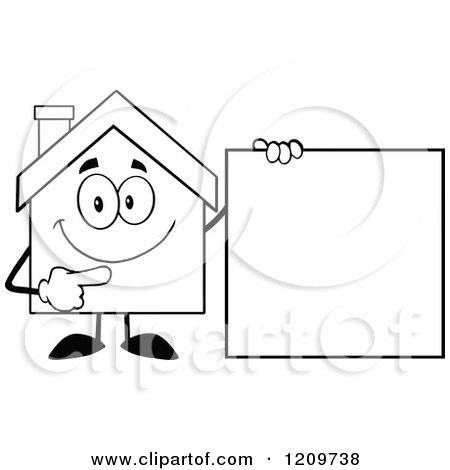 Cartoon of a Black and White Happy Home Mascot Pointing to a Sign - Royalty Free Vector Clipart by Hit Toon