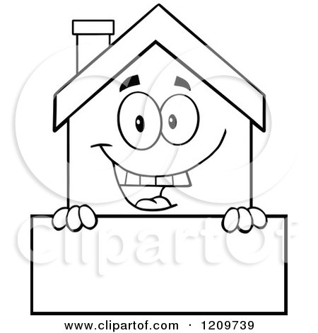 Cartoon of a Black and White Happy Home Mascot over a Sign - Royalty Free Vector Clipart by Hit Toon