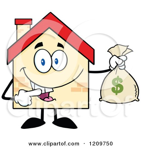 Cartoon of a Happy Home Mascot Holding a Money Bag - Royalty Free Vector Clipart by Hit Toon