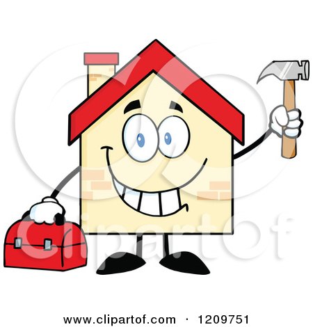 Cartoon of a Happy Home Mascot Holding a Tool Box and Hammer - Royalty Free Vector Clipart by Hit Toon