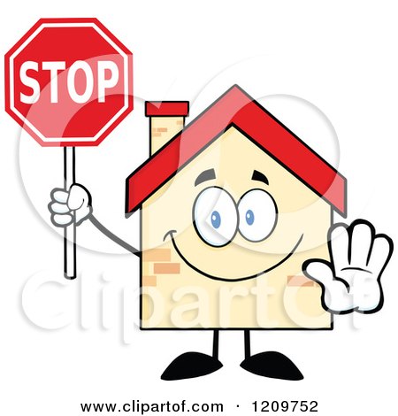 Cartoon of a Happy Home Mascot Holding a Stop Sign - Royalty Free Vector Clipart by Hit Toon