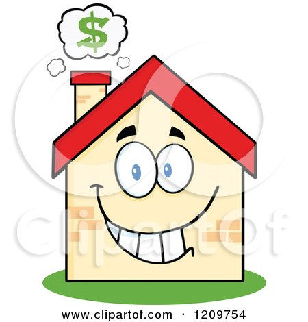 Cartoon of a Happy Home Mascot with a Dollar Symbol Above the Chimney - Royalty Free Vector Clipart by Hit Toon