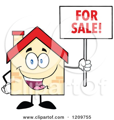 Cartoon of a Happy Home Mascot Holding a for Sale Sign - Royalty Free Vector Clipart by Hit Toon