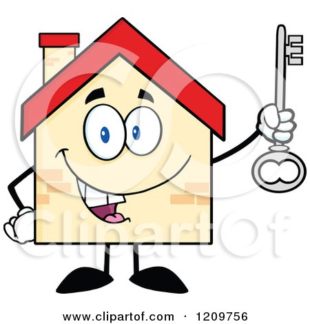 Cartoon of a Happy Home Mascot Holding a Key - Royalty Free Vector Clipart by Hit Toon