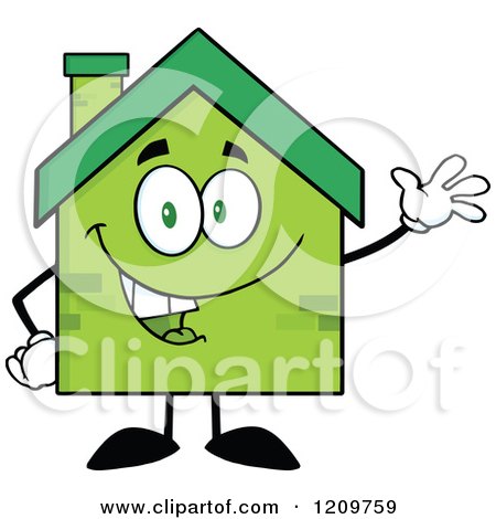 Cartoon of a Happy Green Brick Home Mascot Waving - Royalty Free Vector Clipart by Hit Toon