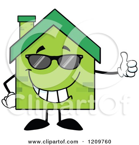 Cartoon of a Cool Green Brick Home Mascot Holding a Thumb up - Royalty Free Vector Clipart by Hit Toon