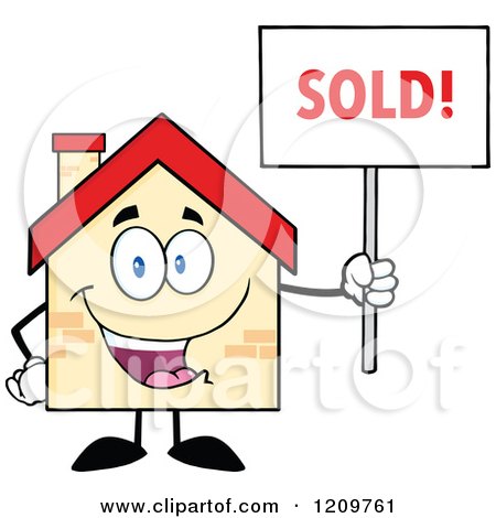 Cartoon of a Happy Home Mascot Holding a Sold Sign - Royalty Free Vector Clipart by Hit Toon