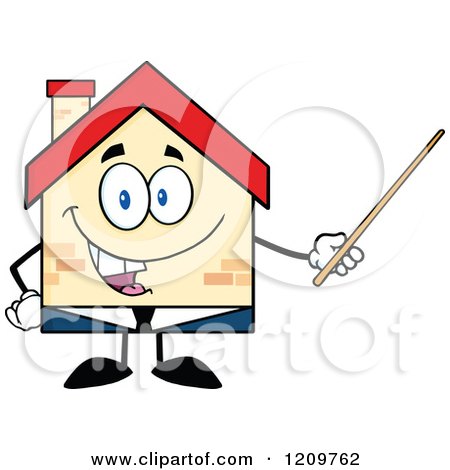 Cartoon of a Happy Home Businessman Mascot Holding a Pointer Stick - Royalty Free Vector Clipart by Hit Toon