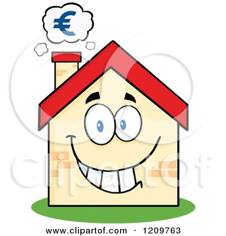 Cartoon of a Happy Home Mascot with a Euro Symbol Above the Chimney - Royalty Free Vector Clipart by Hit Toon