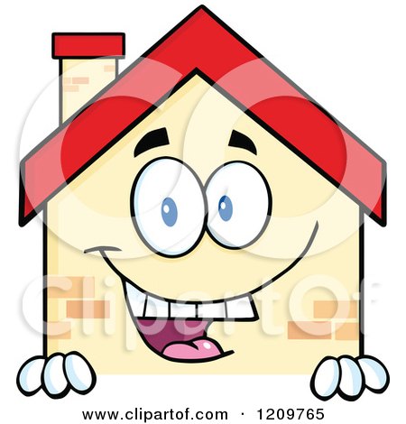 Cartoon of a Happy Home Mascot Smiling over a Sign - Royalty Free Vector Clipart by Hit Toon