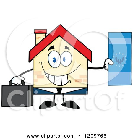 Cartoon of a Happy Home Businessman Mascot Holding a Euro Bill - Royalty Free Vector Clipart by Hit Toon