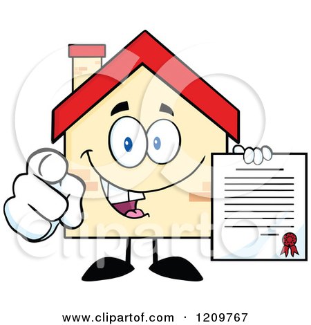 Cartoon of a Happy Home Mascot Holding a Contract and Pointing Outwards - Royalty Free Vector Clipart by Hit Toon