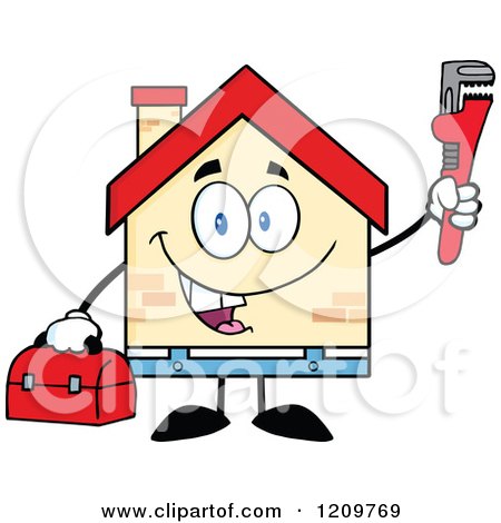 Cartoon of a Happy Home Mascot Plumber Holding a Monkey Wrench and Tool Box - Royalty Free Vector Clipart by Hit Toon