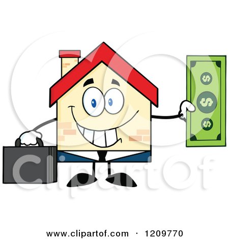 Cartoon of a Happy Home Businessman Mascot Holding a Dollar Bill - Royalty Free Vector Clipart by Hit Toon