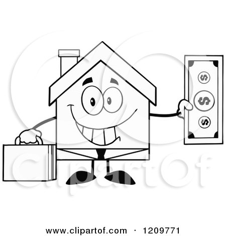 Cartoon of a Black and White Happy Home Businessman Mascot Holding a Dollar Bill - Royalty Free Vector Clipart by Hit Toon