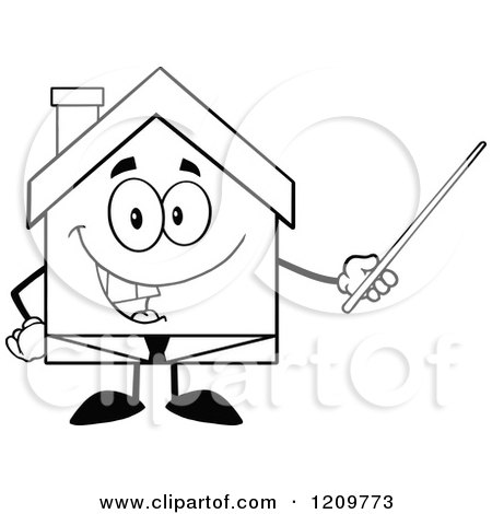 Cartoon of a Black and White Happy Home Businessman Mascot Holding a Pointer Stick - Royalty Free Vector Clipart by Hit Toon