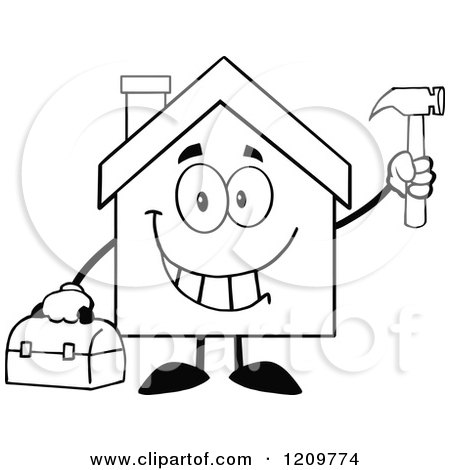Cartoon of a Black and White Happy Home Mascot Holding a Tool Box and Hammer - Royalty Free Vector Clipart by Hit Toon