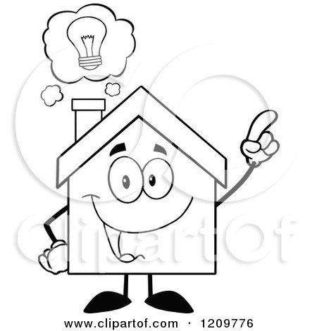 Cartoon of a Black and White Happy Home Mascot with an Idea - Royalty Free Vector Clipart by Hit Toon