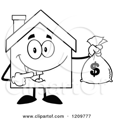 Cartoon of a Black and White Happy Home Mascot Holding a Money Bag - Royalty Free Vector Clipart by Hit Toon