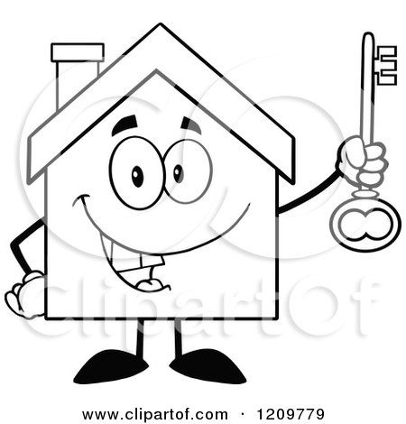 Cartoon of a Black and White Happy Home Mascot Holding a Key - Royalty Free Vector Clipart by Hit Toon