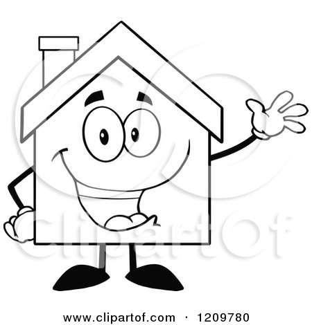 Cartoon of a Black and White Happy Home Mascot Waving - Royalty Free Vector Clipart by Hit Toon