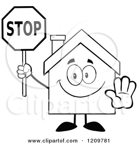 Cartoon of a Black and White Happy Home Mascot Holding a Stop Sign - Royalty Free Vector Clipart by Hit Toon