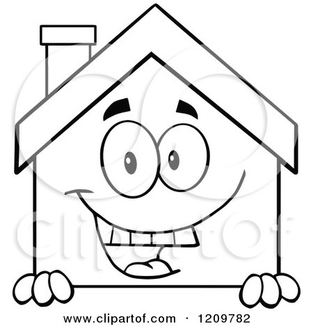 Cartoon of a Black and White Happy Home Mascot Smiling over a Sign - Royalty Free Vector Clipart by Hit Toon