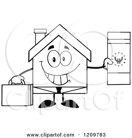 Cartoon of a Black and White Happy Home Businessman Mascot Holding a Euro Bill - Royalty Free Vector Clipart by Hit Toon