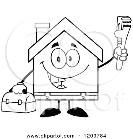 Cartoon of a Black and White Happy Home Mascot Plumber Holding a Monkey Wrench and Tool Box - Royalty Free Vector Clipart by Hit Toon