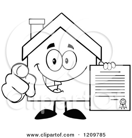 Cartoon of a Black and White Happy Home Mascot Holding a Contract and Pointing Outwards - Royalty Free Vector Clipart by Hit Toon