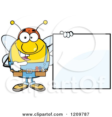Cartoon of a Happy Worker Bee Mascot Holding a Sign - Royalty Free Vector Clipart by Hit Toon