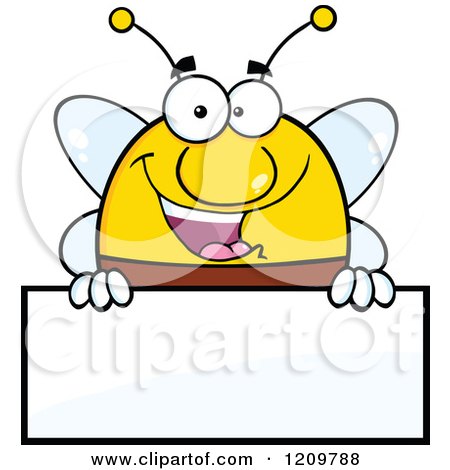 Cartoon of a Happy Bee Mascot over a Sign - Royalty Free Vector Clipart by Hit Toon