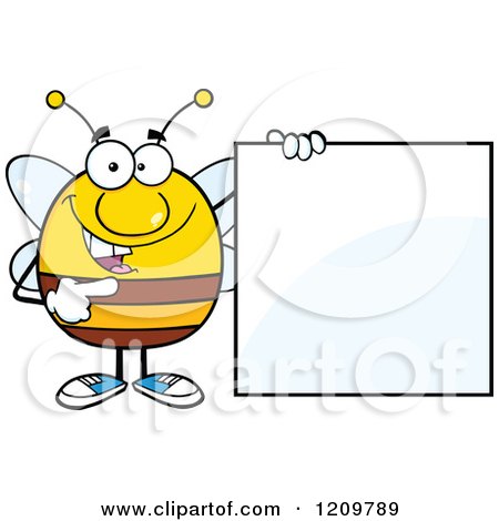 Cartoon of a Happy Bee Mascot Pointing to a Sign - Royalty Free Vector Clipart by Hit Toon