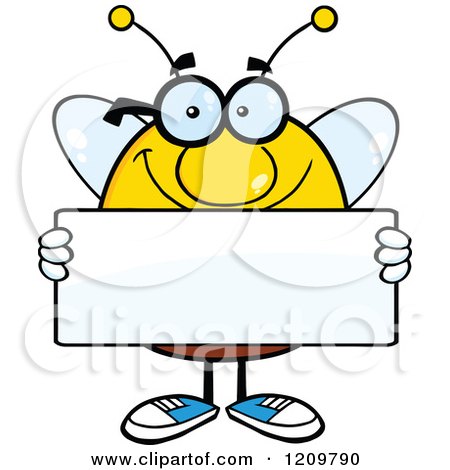 Cartoon of a Happy Bee Mascot Holding a Sign - Royalty Free Vector Clipart by Hit Toon