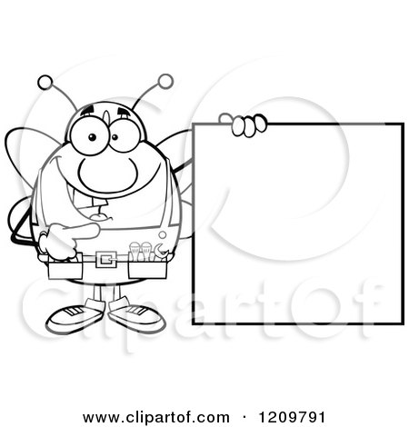 Cartoon of a Black and White Happy Worker Bee Mascot Holding a Sign - Royalty Free Vector Clipart by Hit Toon