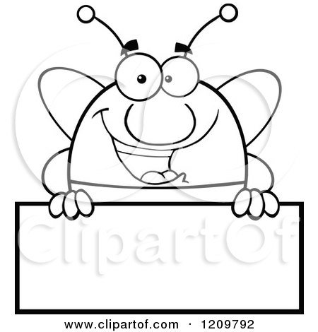 Cartoon of a Black and White Happy Bee Mascot over a Sign - Royalty Free Vector Clipart by Hit Toon