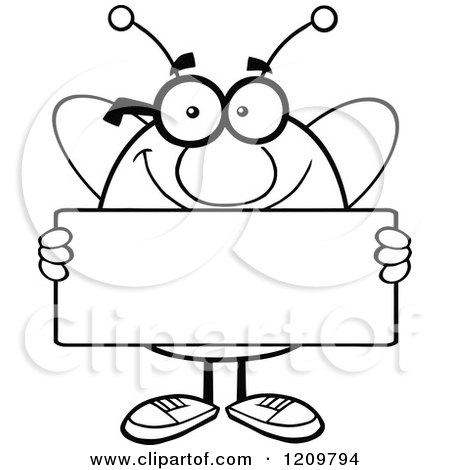 Cartoon of a Black and White Happy Bee Mascot Holding a Sign - Royalty Free Vector Clipart by Hit Toon