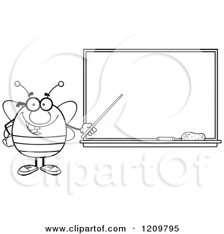 Cartoon of a Happy Bee Teacher Holding a Pointer Stick to a Chalk Board - Royalty Free Vector Clipart by Hit Toon