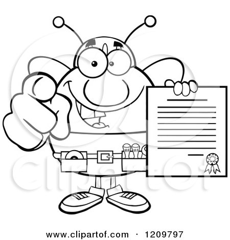 Cartoon of a Black and White Happy Worker Bee Mascot Holding a Contract and Pointing Outwards - Royalty Free Vector Clipart by Hit Toon