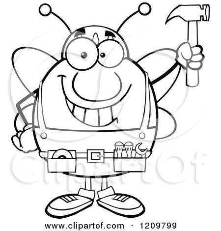 Cartoon of a Black and White Happy Worker Bee Mascot Holding up a Hammer - Royalty Free Vector Clipart by Hit Toon