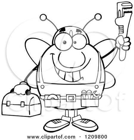 Cartoon of a Black and White Happy Worker Bee Mascot Plumber Holding up a Monkey Wrench - Royalty Free Vector Clipart by Hit Toon