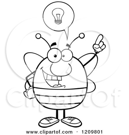 Cartoon of a Black and White Smart Bee with a Lightbulb and Idea - Royalty Free Vector Clipart by Hit Toon