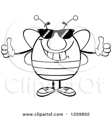 Cartoon of a Black and White Cool Bee Holding Two Thumbs up - Royalty Free Vector Clipart by Hit Toon