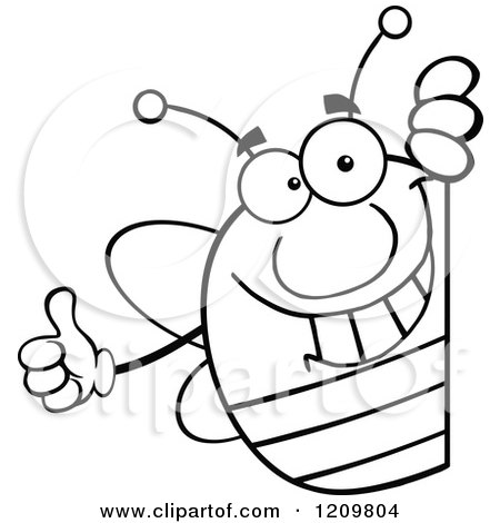 Cartoon of a Black and White Happy Bee Holding a Thumb up Around a Sign - Royalty Free Vector Clipart by Hit Toon