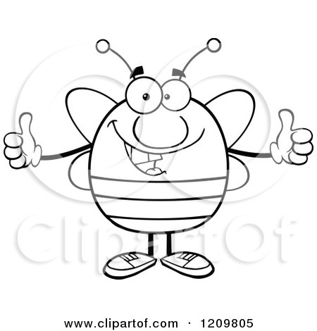 Cartoon of a Black and White Happy Bee Holding Two Thumbs up - Royalty Free Vector Clipart by Hit Toon