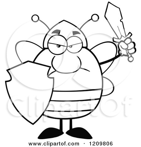 Cartoon of a Black and White Mad Bee Warrior Holding a Shield and Sword - Royalty Free Vector Clipart by Hit Toon