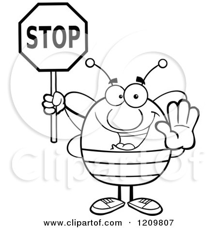Cartoon of a Black and White Happy Bee Holding a Stop Sign - Royalty Free Vector Clipart by Hit Toon