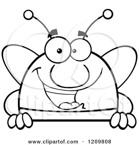 Cartoon of a Black and White Happy Bee over a Sign - Royalty Free Vector Clipart by Hit Toon