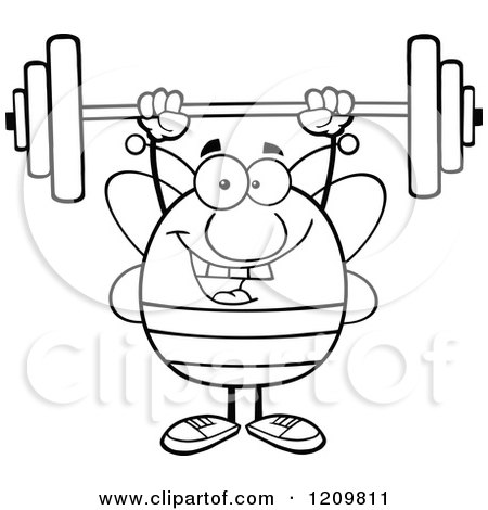 Cartoon of a Black and White Happy Bee Lifting a Barbell - Royalty Free Vector Clipart by Hit Toon